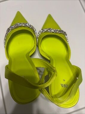 Zara Neon Lime Pointed-Toe Rhinestone Strap Heels